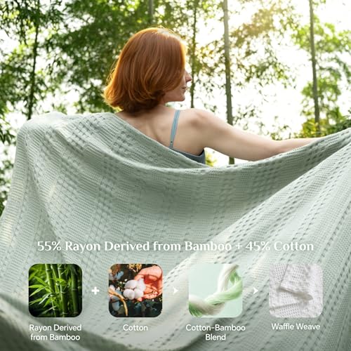 Image of BEDELITE Cooling Waffle Blanket Queen Size - Lightweight Breathable Cotton Summer Blanket of Rayon Derived from Bamboo for Hot Sleepers, Soft Throws for Bed, Couch and Sofa, Sage Green, 90x90 Inches