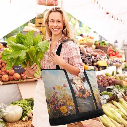 Cow Cute Art Colors Large Insulated Tote Bag for Grocery Shopping Reusable Tote Bags for Women Men, Cooler Bag with Zippered Top & Handles for Beach Picnic Travel2