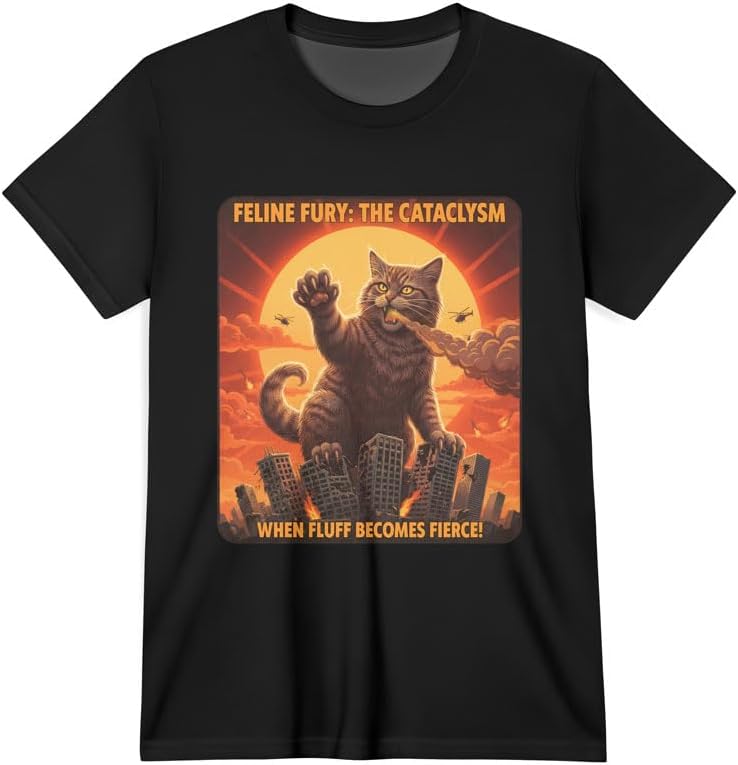 Catzilla Monster Cat Graphic Tee, Funny Japanese Art Design Tshirt, Cotton T-Shirts for Cat Lovers