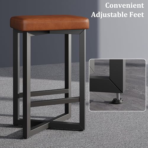 Affinityfurn 62CM Bar Stools Set Of 4 Backless Counter Height Bar Stools With Footrest, Upholstered Pu Leather Kitchen Breakfast Stools With Metal Leg For Kitchen Island, Home Bar, Dining Room, Brown - 5