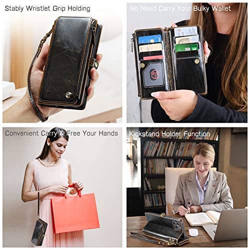 Defencase Iphone 14 Pro Max Wallet Case, Iphone 14 Pro Max Case Wallet For Men, Vintage Leather Magnetic Bukckle Flip Strap Zipper Card Holder Phone Cases For Iphone 14 Pro Max [6.7"], Luxury Coffee #TOP3