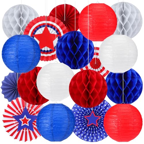 Image of Retisee 18 Pcs 4th of July Party Decorations Patriotic Independence Day Hanging Decorations Paper Lanterns Red White Blue 250th Anniversary Fan Honeycomb for Memorial Day Veterans Party Ornament