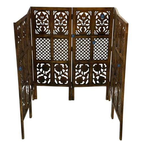 Image of Wooden Room Partition Screen with Burnt Wood Finish | Hand Buffed Traditional Handicraft Room Divider | Indoor Room Separator | Puja Room Divider (6 Panel 4 Feet)