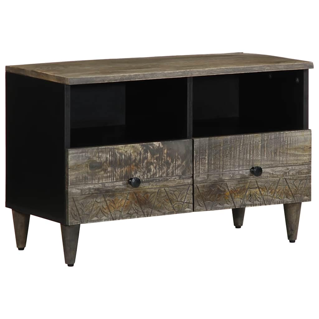Mobile TV grigio chiaro, 70 x 33,5 x 46 cm, in legno massiccio di mango, mobile basso con cassetto, scomparto e porta, console multimediale per soggiorno, camera da letto, gaming, in piedi