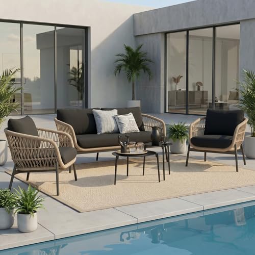 Image of Amazon Brand - Solimo Outdoor 4 Seater Sofa Set | Balcony Sofa | Patio Furniture Sets | Conversation Sets | Braid & Rope Garden 4 Seater Sofa Set with Center Table (Tan-Black)
