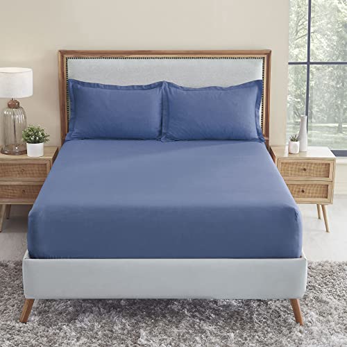 Image of TRIDENT Namaste King Size Solid Fitted Bedsheet Set- 100% Cotton- 3-Piece Bedding Sheet Set with 2 Pillowcases-Softness- 150 TC-Fitted bedsheet- Linen Look- Sustainable (Vintage Indigo)