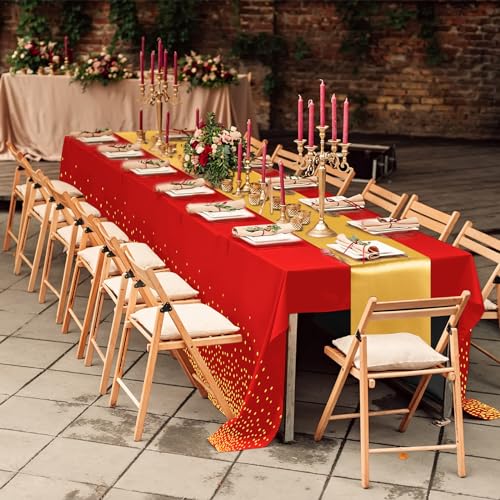 Image of Breling 8 Pack Red and Gold Disposable Plastic Tablecloths and Satin Table Runner Set, 54 x 108 Inch Tablecloth, 12 x 108 Inch Table Runners for Wedding Graduation Birthday Baby Shower New Year