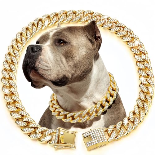 BlingBling Warmth Sparkling Cuban Link Dog Collar with Diamond Inlay - Elegant Gold Chain for Dogs and Cats Comfortable fit 8 Size Options (XL)
