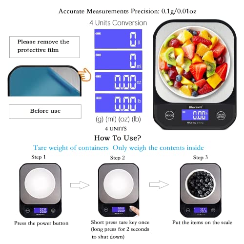 Rhorawill Digitale Keukenweegschaal, Zeer Nauwkeurige 5kg/0.1g Voedselweegschaal, Elektronische Keukenweegschaal met LED Display, Roestvrij Staal Weegoppervlak, USB Opladen - Afbeelding 5