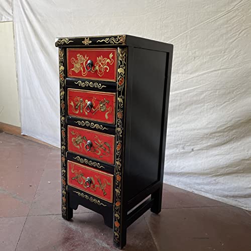 Kunibert Commode chinoise antique Tibet Buffet Asie Buffet Chinakommode avec 4 tiroirs Largeur 38 x Hauteur 88 cm Couleur : rouge avec noir