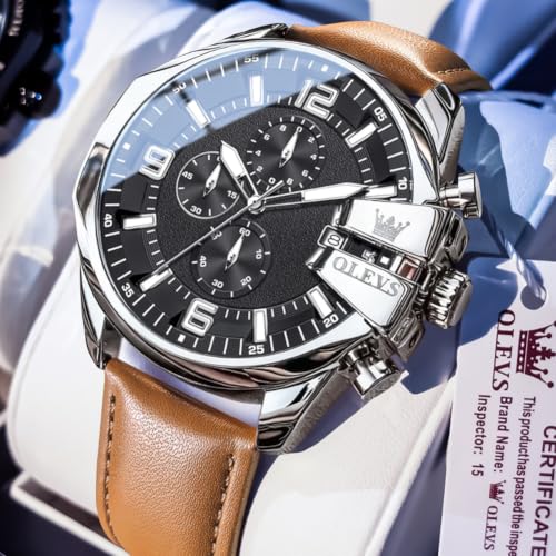Image of OLEVS Men Watch Big Face Chronograph Waterproof Leather Strap Fashion Watch