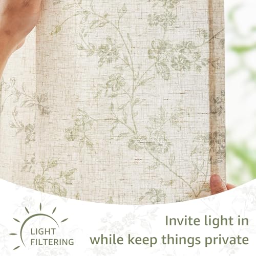 Lazzzy Elisa Floral Kitchen Curtains 24 Inch Linen Cafe Curtains Farmhouse Half Window Drapes Over Sink Light Filtering for Small Windows Rod Pocket Back Tab 2 Panels Green on Beige by Lazzzy - Image 6