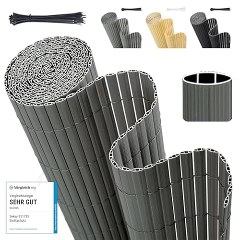 Sekey kratka PVC, siatka maskująca z opaskami kablowymi, ochrona prywatności na balkon, ogród, wzmocnione podwójne listwy, odporne na warunki atmosferyczne, 100 x 500 cm, szary