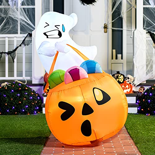 Joiedomi 5 FT Tall Halloween Inflatables Outdoor Decorations, Inflatable Cute Ghost Halloween Decor Outdoor, Blow Up Ghost Lift Pumpkin Candy Bag with Build-in LEDs for Yard Decorations3