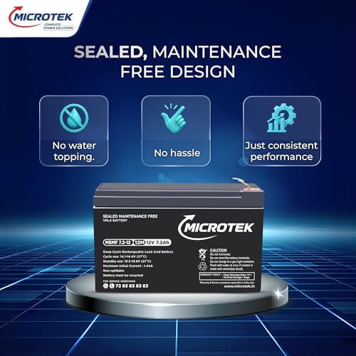 Image of Microtek MSMF 7.2-12 12V 7.2Ah Sealed Maintenance Free VRLA Battery for UPS, Emergency Lighting, Medical Equipment, Telecom, Weighing Machines & Power Backup (Pack of 1)