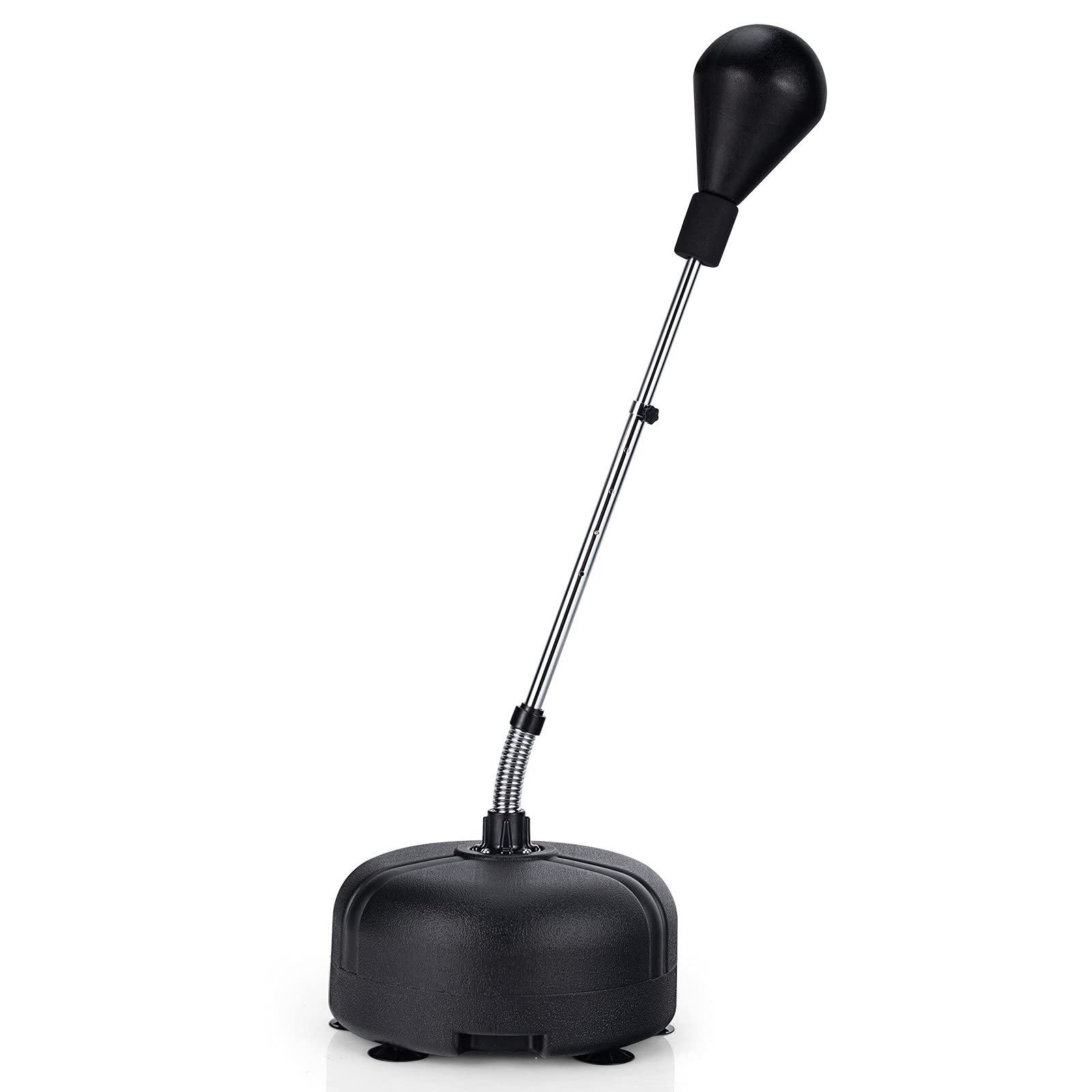 GYMAX Sacco da Boxe da Terra Regolabile in Altezza a 4 Livelli, Punching Ball Boxe con Base Riempibile con Sabbia o Acqua, 6 Dischetti a Ventosa e Guanti Imbottiti in Cotone, Nero