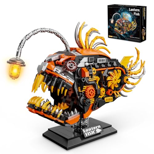Image of Mechanical Angler Fish Building Set with Light, Creative Ocean Lantern Fish Animal Toy for Home Office Decor, Compatible with Lego Shark, STEM Gift for Adults Teens Boys 8-14+ (1022 PCS)