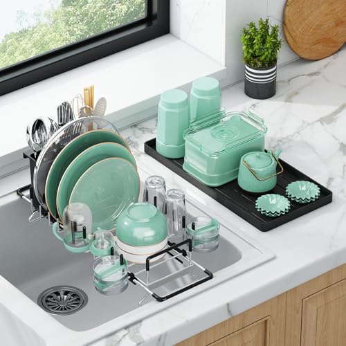 Aufworld Égouttoir de Sèche-Vaisselle Extensible en Acier Inoxydable 304, avec Plateau de Séchage en Silicone, Support Ustensiles et Adaptable aux Éviers...