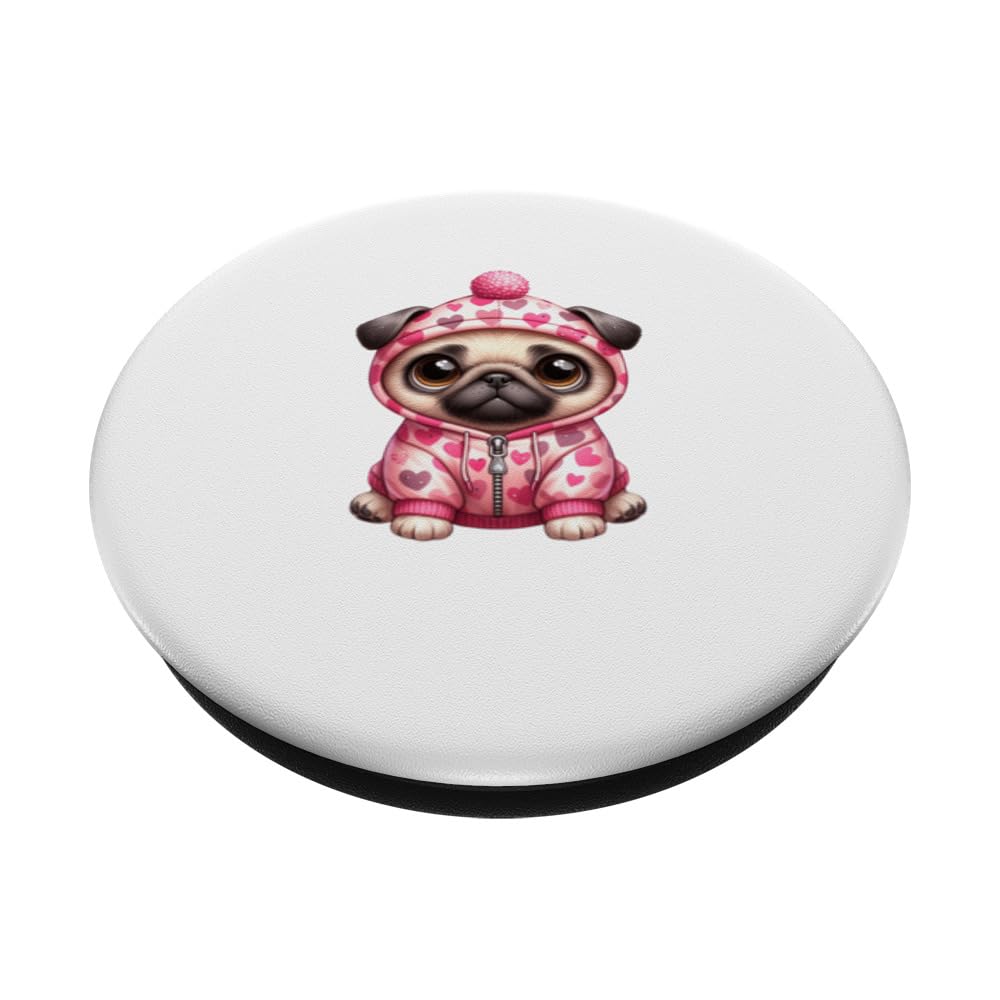 funny valentine pink dog cute animal with heart pug PopSockets Swappable PopGrip, Black - Image 2