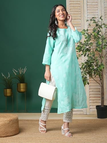 Image of Ada Hand Embroidered Lucknowi Chikankari Cotton Kurta for Women A133488 | Handcrafted lucknow chikan embroidery latest womens ethnic wear kurti tunic for office work wear