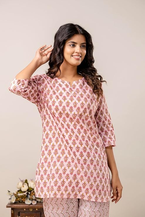Image of Pure Cotton Printed Night Suit Set | Top Pyjama Set for Women | Night Dress of Kurta Pyjama Set for Women | Kurta Top Set