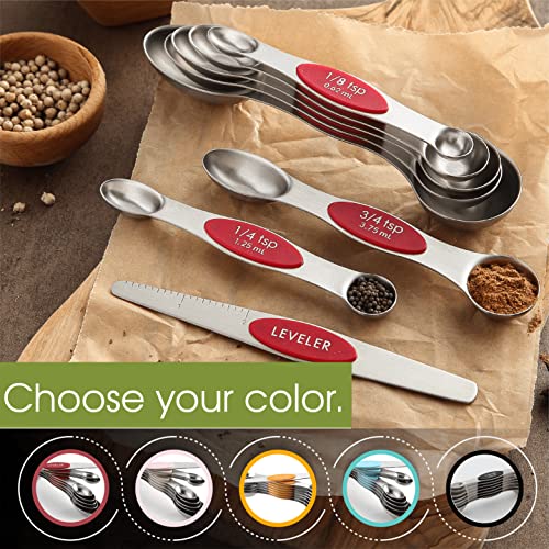 Image of Spring Chef Stainless Steel 8 Magnetic Measuring Spoons Set, 2 Pack, Red