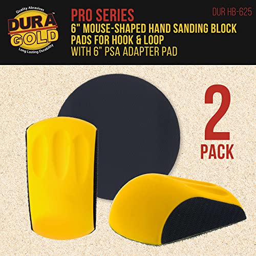Dura-Gold Pro Series 6\" Mouse-Shaped Hand Sanding Block Pad for Hook & Loop and PSA 6\" DA Sanding Discs, 2 Pack - 2-Way Adapter Pad to Use PSA Sandpaper - Automotive Car Sand Woodworking Furniture