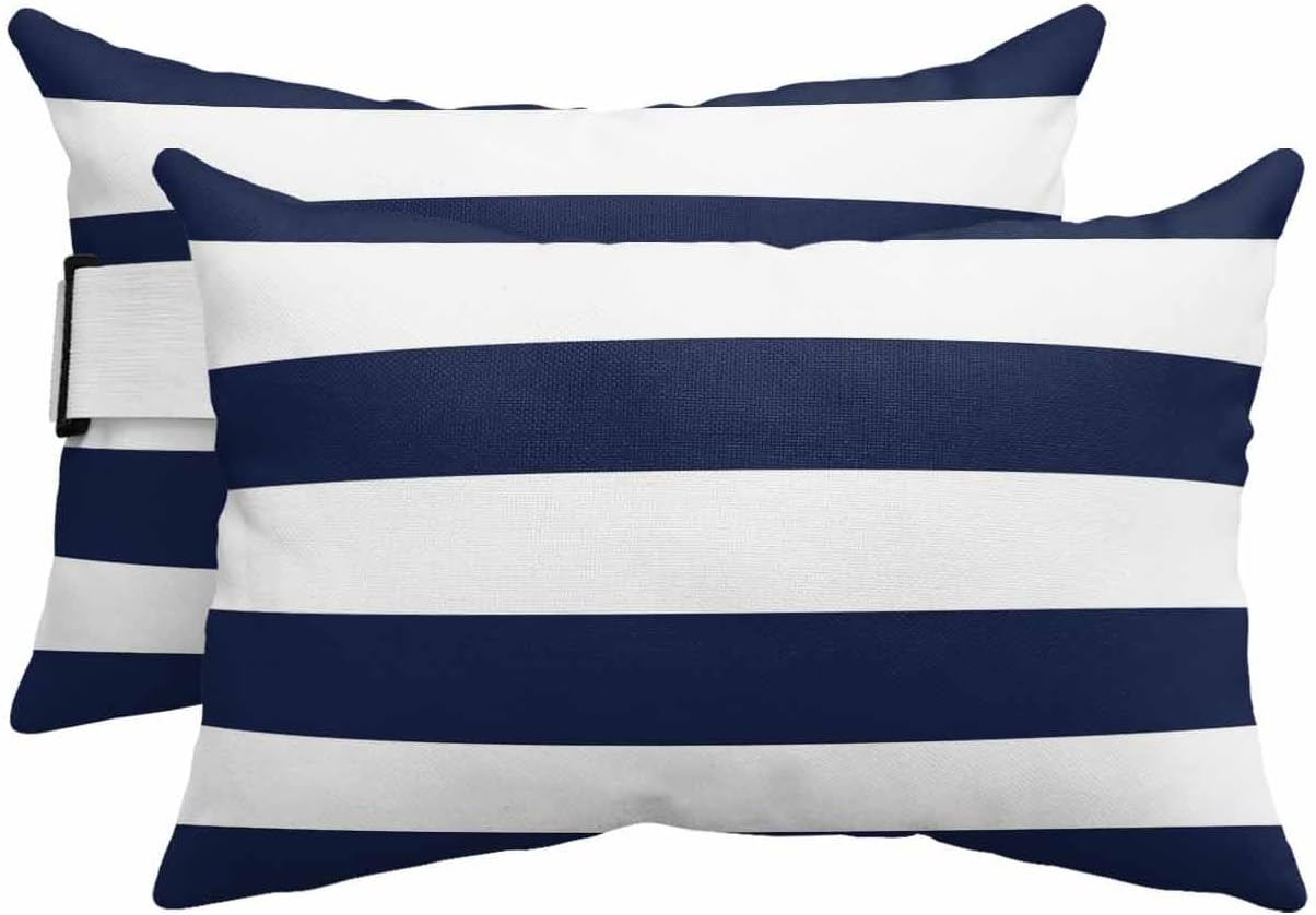 Outdoor Pillow for Chaise Lounge Chair, Simple Stripe Pattern Blue and White Waterproof Headrest Pillow Lumbar Pillows with Adjustable Elastic Strap for Beach, Poolside, Patio, Office (2 Pack)