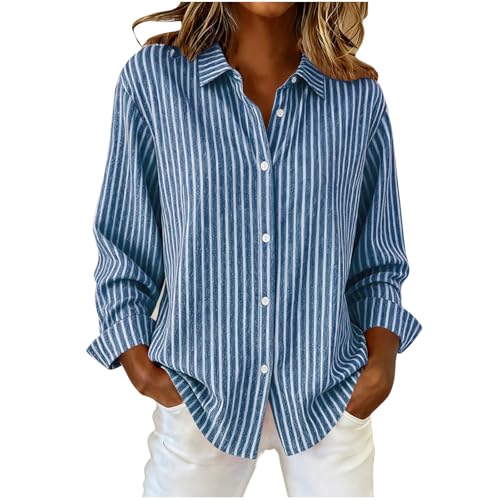 Dyhxuan Chemise rayée à manches longues pour femme - Chemise boutonnée à manches longues - Décontracté - Rayures - Coupe ample - Chemise à manches longues, bleu, M