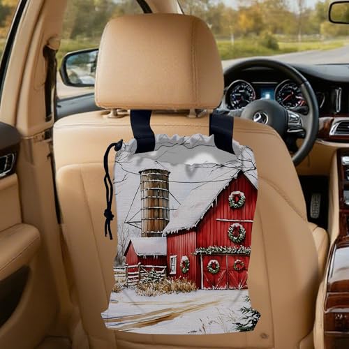 Image of Snowy Red Barn Car Trash Bag,Mistletoe Wreaths Strap Drawstring Car Garbage Bags,Car Back Seat Organizer with Adjustable Buckle for Car Accessories