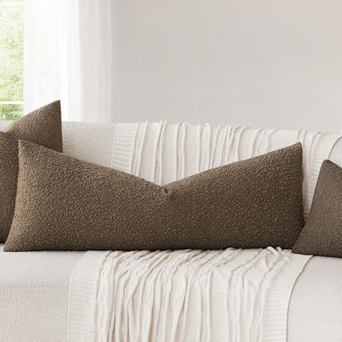 Image of Foindtower Decorative Textured Boucle Throw Pillow Covers Accent Solid Pillow Cases Neutral Long Body Lumbar Couch Cushion Case for Chair Sofa Bedroom Living Room Home Decor 14x36 Inch,1PC,Chocolate
