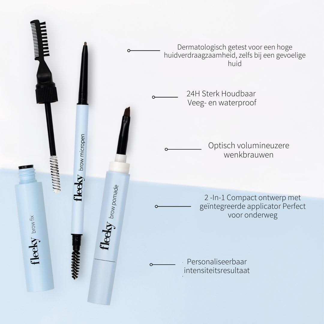fleeky Augenbrauen-Set Brow Fix, Pomade & Micropen 3in1 - Perfekte Form Schattierung Füllung & Definition für natürliche wischfeste Ergebnisse (brown)