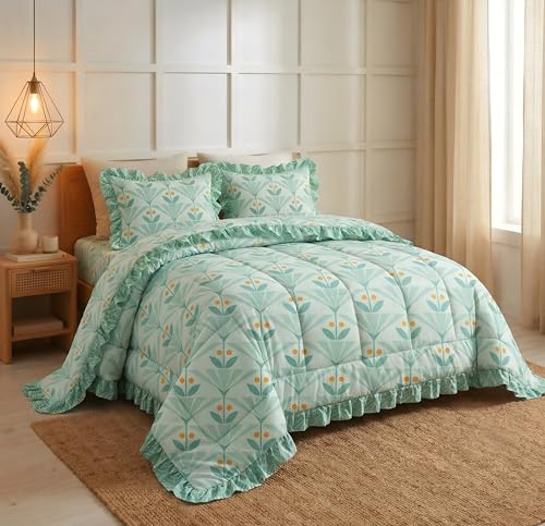 Image of SANMARINO Premium Cotton Double Bed 4 Piece Bedding Set with Frill Border | Comforter with Matching Bedsheet and Pillow | Ultra Soft & Lightweight Quilted Comforter Set |228x228 cm,Mint Meadow Green