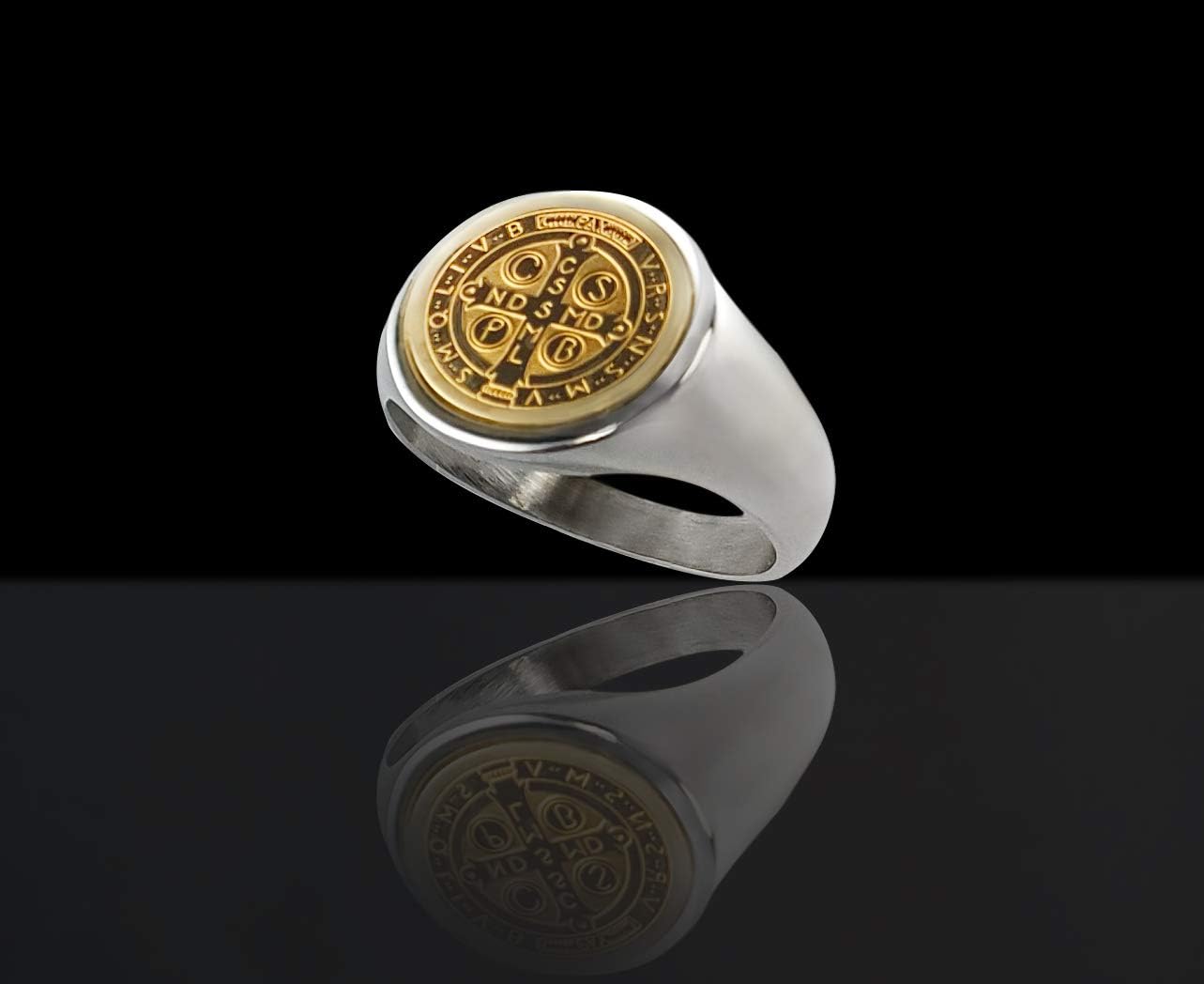 Catholic Unisex Gold Saint Benedict Ring Stainless Steel Catholic St Benedict Ring-St Benedict Holy Prayer Card Included (Gold)