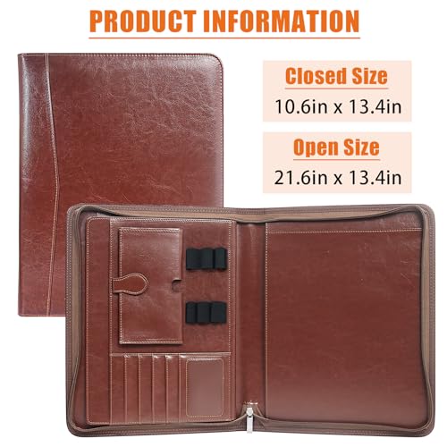 Zippered Portfolio Organizer, Leather Padfolio, Business Portfolio with Elastic Cord, Portfolio Folder for Men & Women, Brown - Thumbnail 6