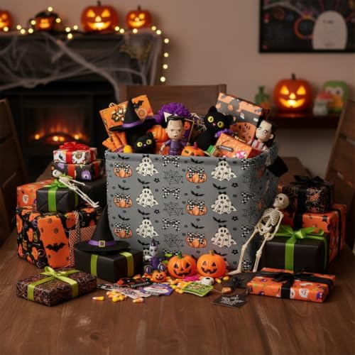 Image of Halloween Basket Gift Cute Pumpkin Ghost Parties Decor Kid Trick or Treat Basket for Boys and Girls Rectangular Storage Bin Box (Black and White Checkered Bow Bat)