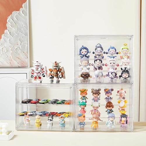 Aputue Clear Acrylic Display Case, 3-Layer Adjustable Display Stand with Movable Plates, Clear Acrylic Box for Mini Collectibles and Action Figures, Magnetic Door Showcase