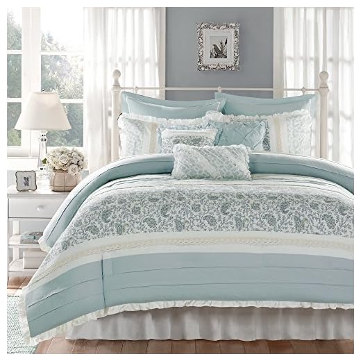 Madison Park Dawn 100% Cotton Shabby Chic Comforter Set-Modern Cottage Design All Season Down Alternative Bedding, Matching Shams, Bedskirt, Decorative Pillows, King(104"x92"), Blue 9 Piece