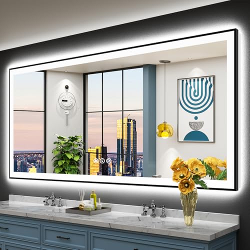 Image of 84x40 Black Framed LED Bathroom Mirror with Lights, Backlit and Front Lit Anti-Fog Lighted Vanity Mirror for Bathroom Wall, Dimmable, 3 Colors, Memory, Shatter-Proof, HD Tempered Glass, CRI 95