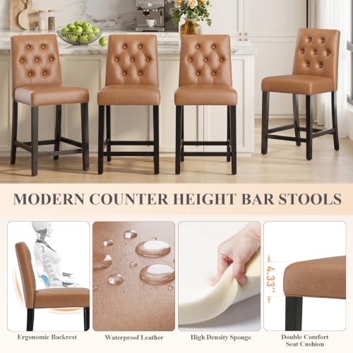 Image of MALOL Bar Stools Set of 2 Faux Leather Counter Height Bar Stools,Lightbrown