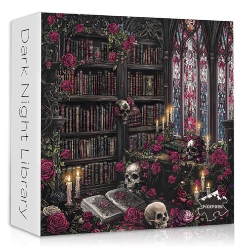 Rompecabezas Vintage de Halloween de 1000 piezas para adultos, rompecabezas gótico de cráneo, estantería de libros y flores, estilo biblioteca oscura