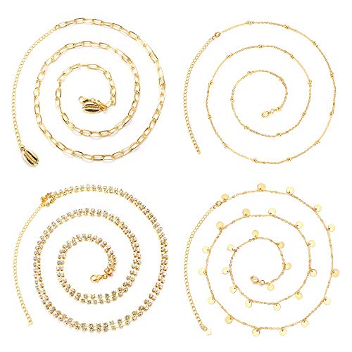 THUNARAZ 4pcs Beach Bikini Belly Chain 18K Gold Waist Chain Sexy Adjustable Waist Beads for Women Body Chain Jewelry