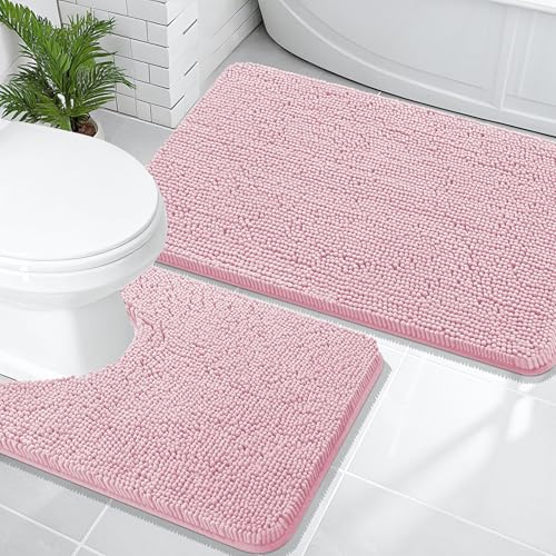 Image of OLANLY Bathroom Rugs Sets 2 Piece, Soft Absorbent Chenille Bath Mats and U-Shaped Contour Toilet Mat Area Rug Set, Machine Washable Bath Carpet, Home Decor Accessories(36 inchx24 inch+24 inchx20 inch, Dusty Rose)