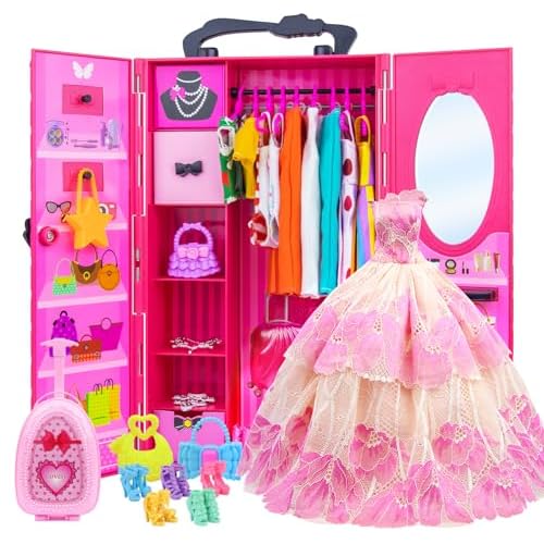 ZITA ELEMENT 11.5 Inch Girl Doll Closet Wardrobe with Clothes and Accessories Set 101 Pcs Including Wardrobe Suitcase Clothes Dresses Swimsuits Shoes Hangers Necklace Bags and Other Stuff 10