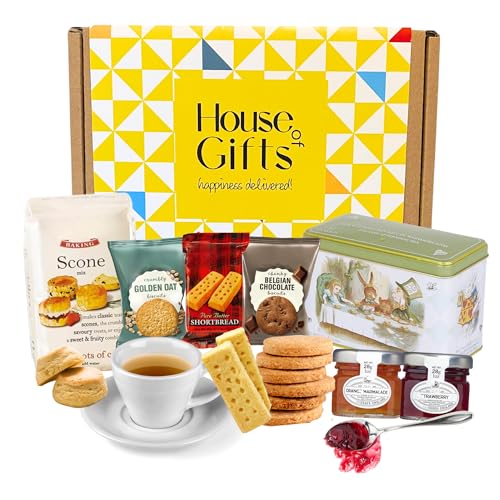 Afternoon Tea Hamper Gift Set for 2 | With Scones Mix 40 Tea Bags Jam Shortbread Traditional Biscuits | Alice in Wonderland Inspired Theme | Ideal Food Hamper Gift for Mum Dad & Family