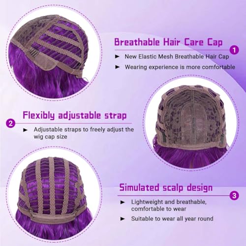 Image of Pastel Dark Purple Wavy Bob Wig for Women, Short Shoulder Length Synthetic Wig with Bangs, Matte Natural Realistic Look Lightweight Hairpiece, Purple Color for Daily Wear & Cosplay Costume