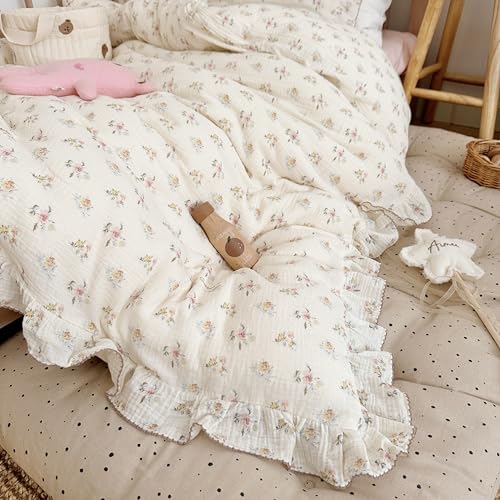 BuLuTu Muslin Cotton Toddler Duvet Cover Soft Double Layers Gauze Bedding Duvet Covers for Toddler Girls Kids Quilt Cover, 47"x59", Azalea Print (No Pillow Cases)