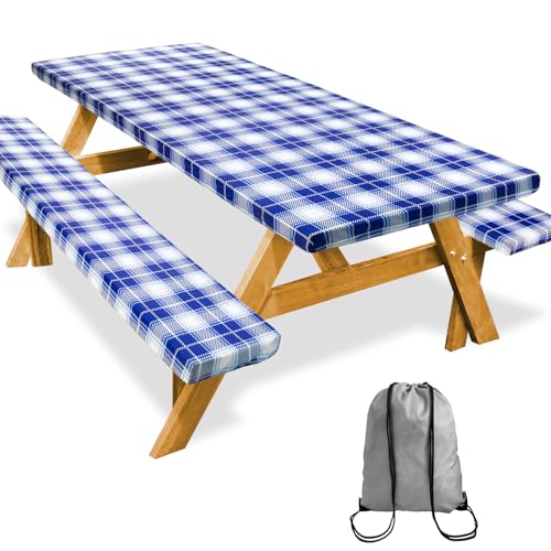 SiorVeol Picnic Table Cover with Bench Covers Camping Essentials Outdoor Tablecloth Waterproof Windproof RV Camper Accessories, 72in(6FT), Navy Blue
