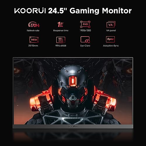 KOORUI 24.5″ Monitor, FHD Gaming Monitor Full HD (1920 x 1080) VA, 1 ms, Adpitive Sync, 2xHDMI (144Hz) y DisplayPort (170Hz), sRGB 99%, VESA, Ajustable en inclinación, Eye Care