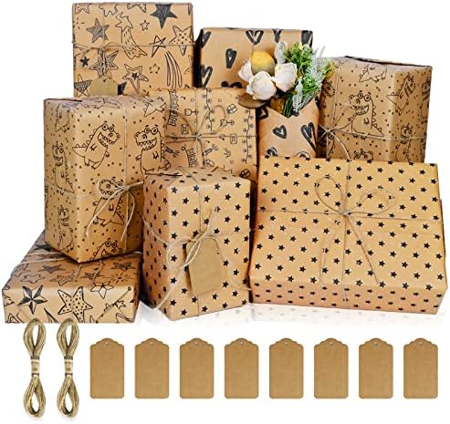 Carta Da Regalo Kraft Riciclata - 6 Fogli 50x70 Cm Con Corda Di Canapa - Per Compleanni, Natale E Occasioni Speciali - Foto 4